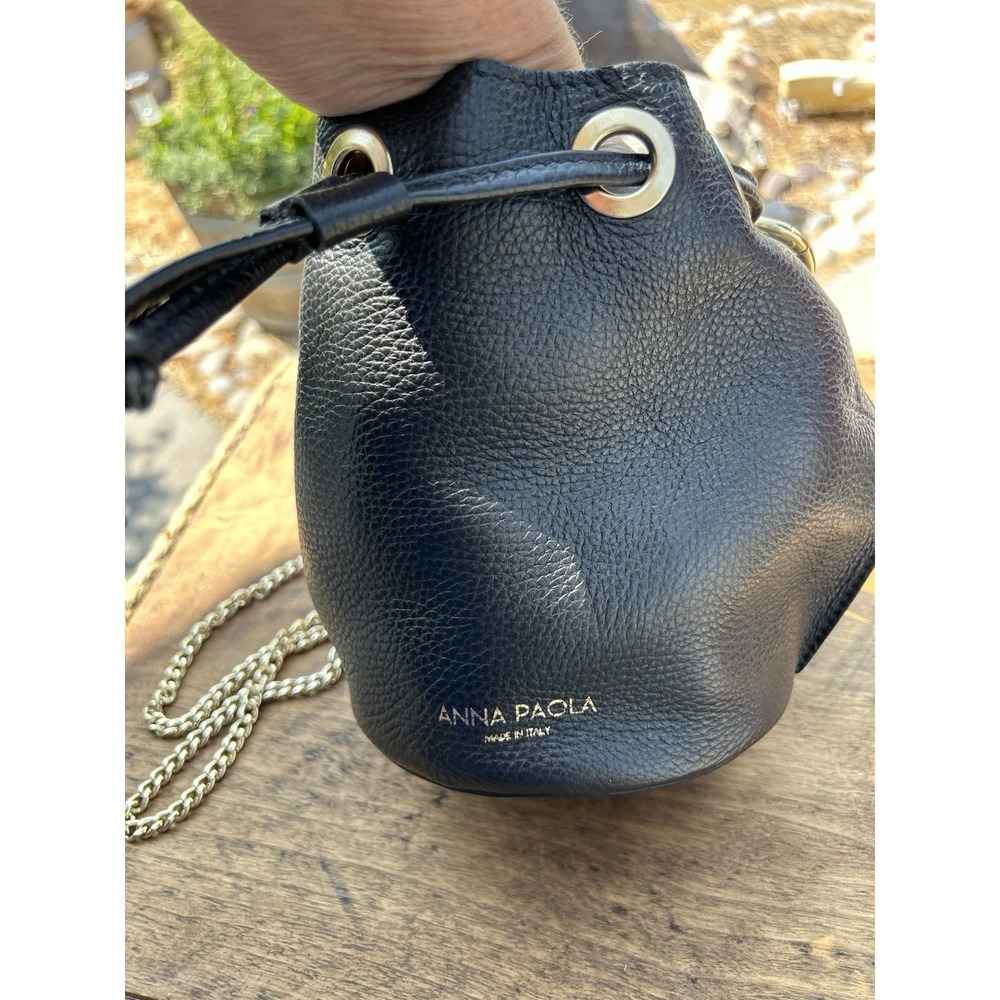 Anna Paola Genuine Leather Mini Bucket Bag Black Made In Italy NWOT Chain Strap